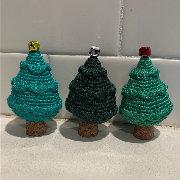 Handcrafted Crochet Christmas Tree Set of Three Cork Holiday Seasonal Decor - Picture 1 of 10